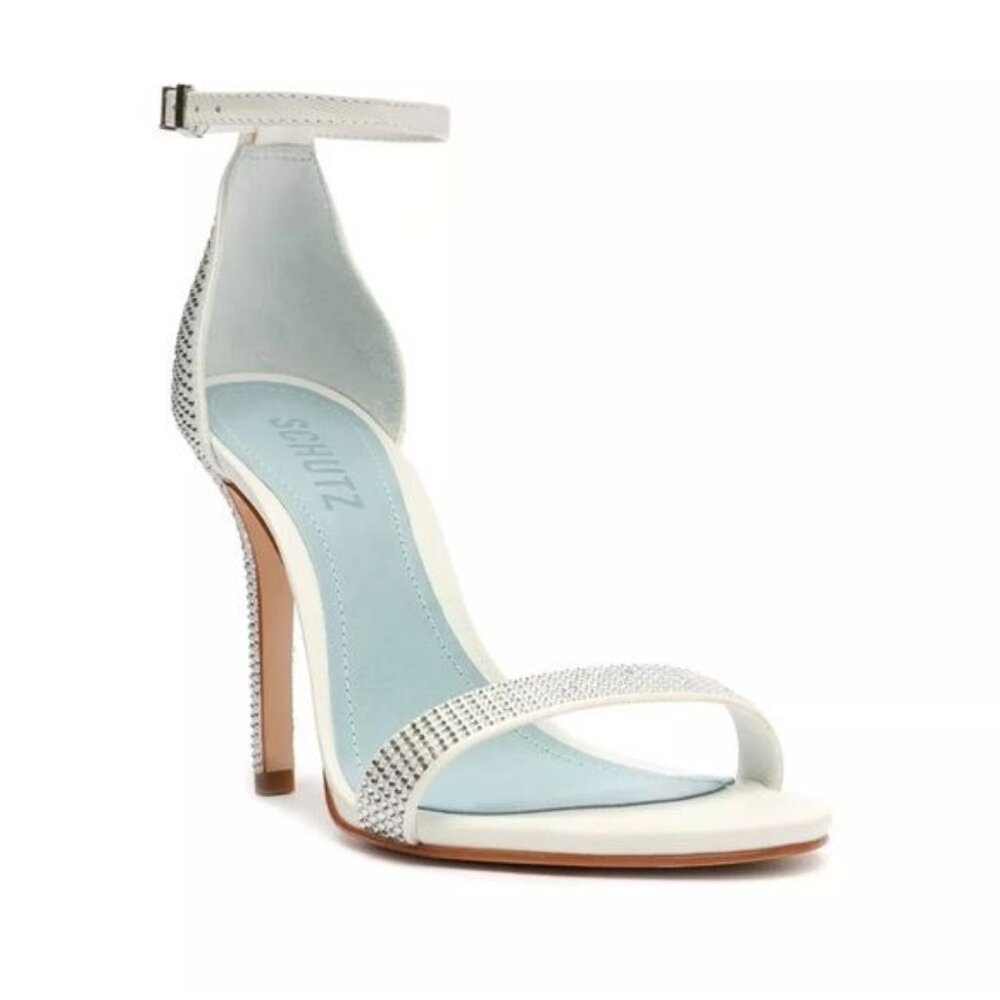 SCHUTZ Cadey Lee Embellished Ankle Strap Stiletto Heel Sandal in White Size‎ 9.5